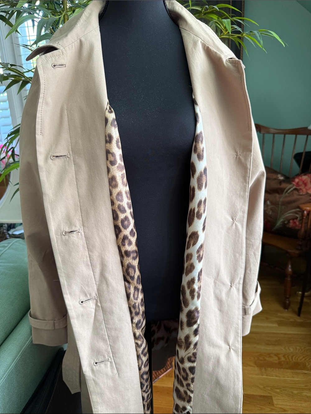 Khaki Trench Coat with Leopard lining